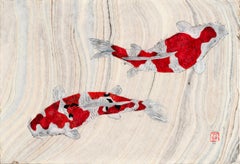 Koi Pond Impasse - Japanese Style Gyotaku Painting on Marbled Mulberry Paper