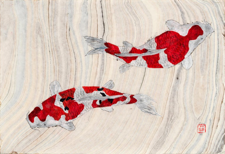Jeff Conroy Animal Painting - Koi Pond Impasse - Japanese Style Gyotaku Painting on Marbled Mulberry Paper