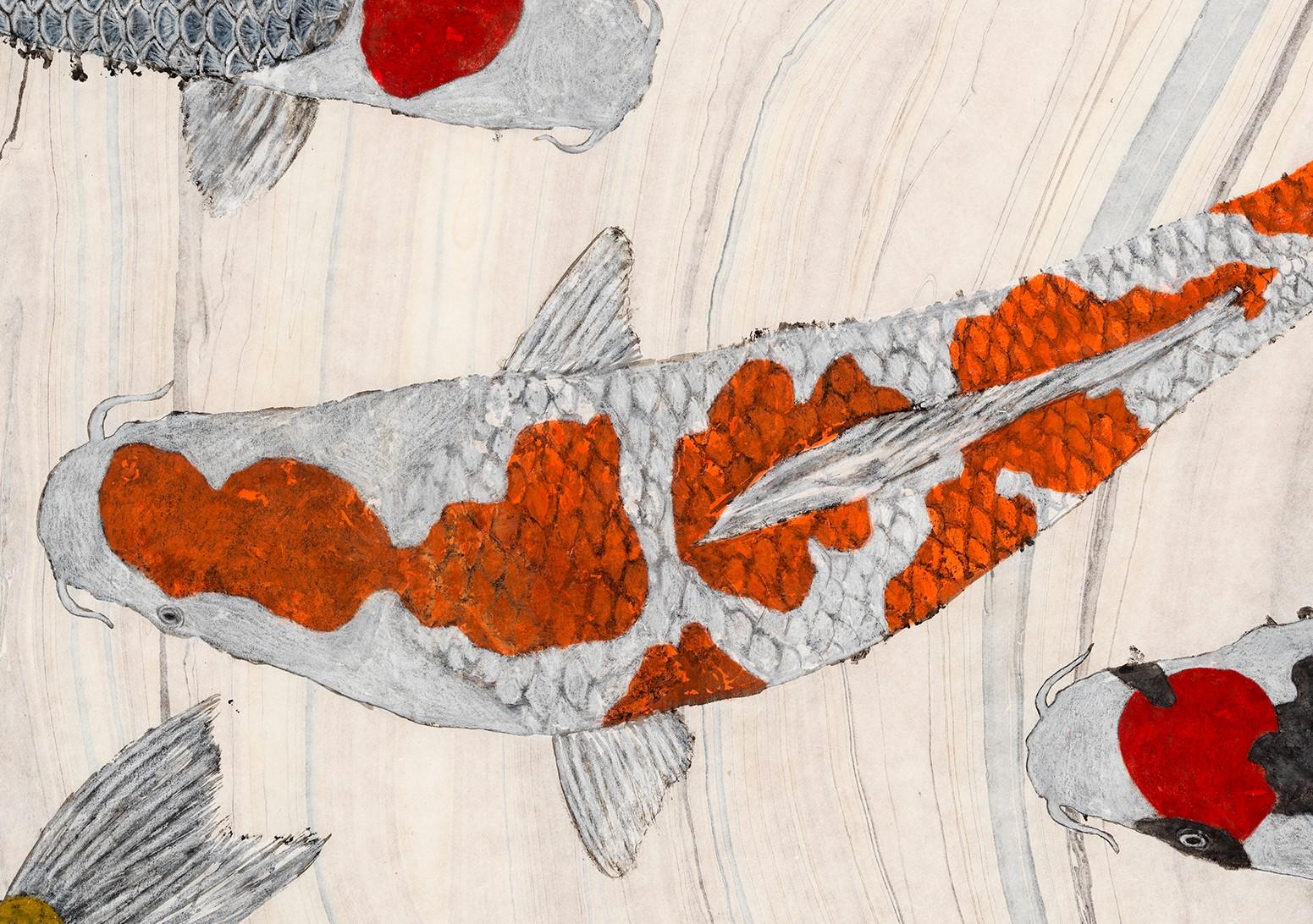 Koi Pond: Inclusion  - Japanese Style Gyotaku Painting on Marbled Mulberry Paper - Beige Animal Painting by Jeff Conroy