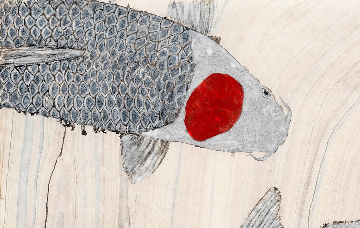 Koi Pond: Inclusion  - Japanese Style Gyotaku Painting on Marbled Mulberry Paper 2