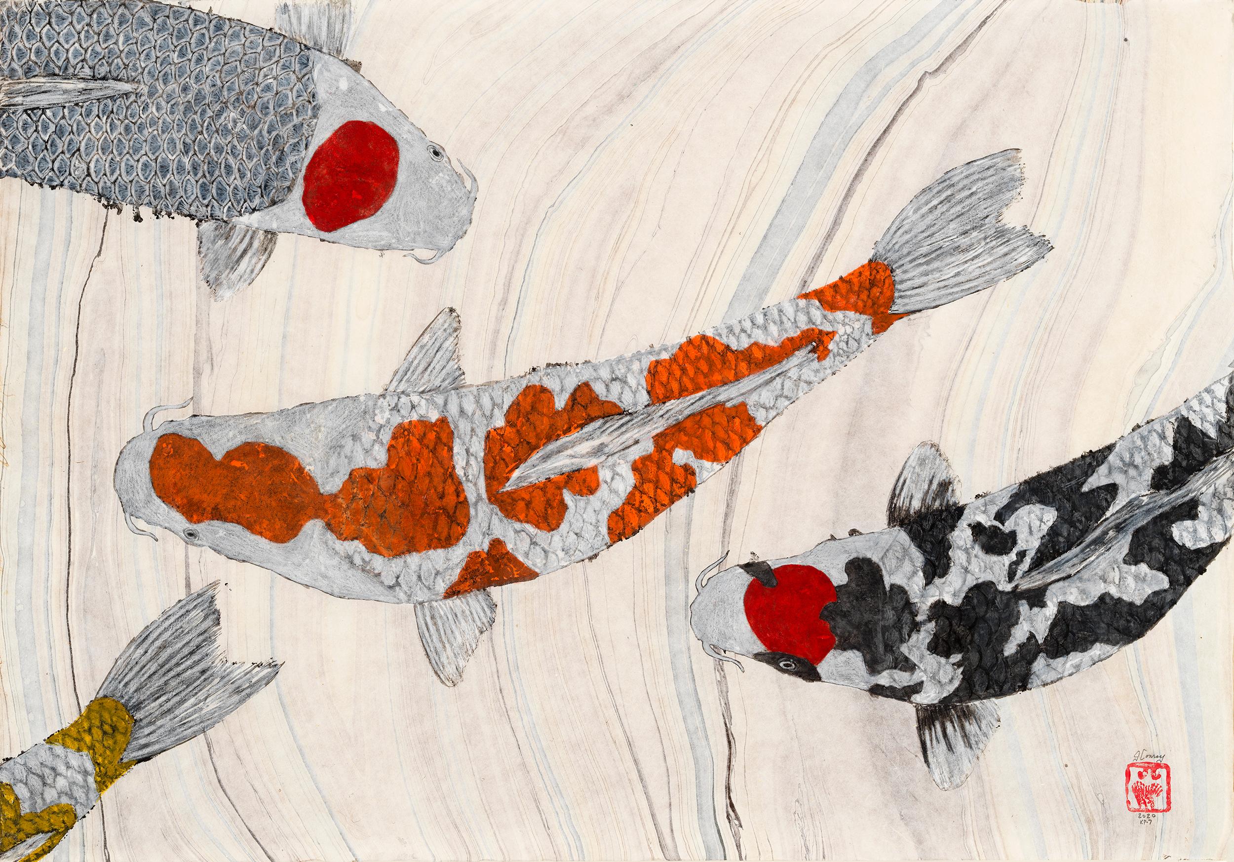 Jeff Conroy Animal Painting - Koi Pond: Inclusion  - Japanese Style Gyotaku Painting on Marbled Mulberry Paper