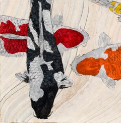 Koi Pond Overpass - Japanese Style Gyotaku Painting on Marbled Mulberry Paper