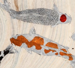 Koi Pond: The Arrival - Japanese Style Gyotaku Painting, Marbled Mulberry Paper