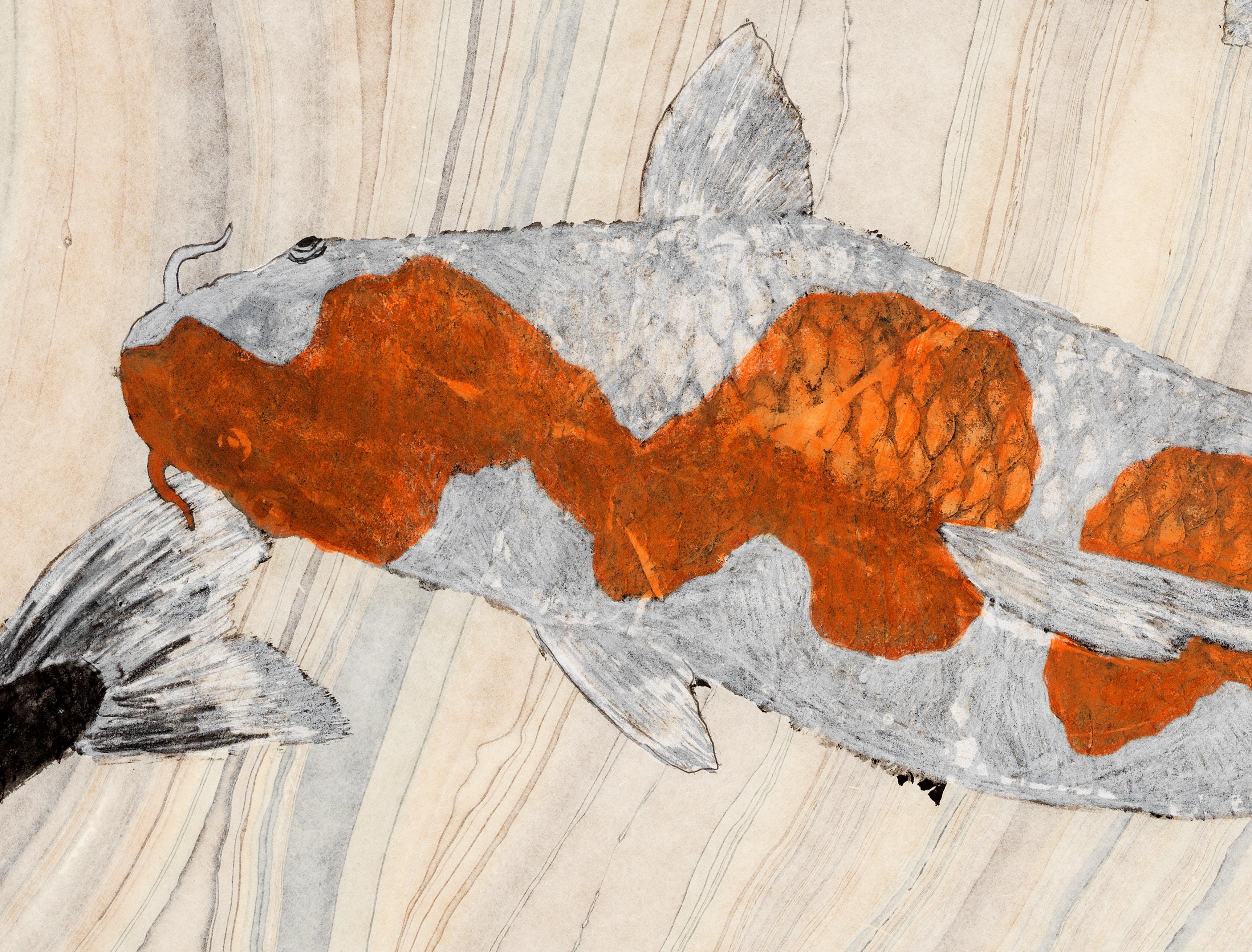 Koi Pond: The Arrival - Japanese Style Gyotaku Painting, Marbled Mulberry Paper - Contemporary Art by Jeff Conroy