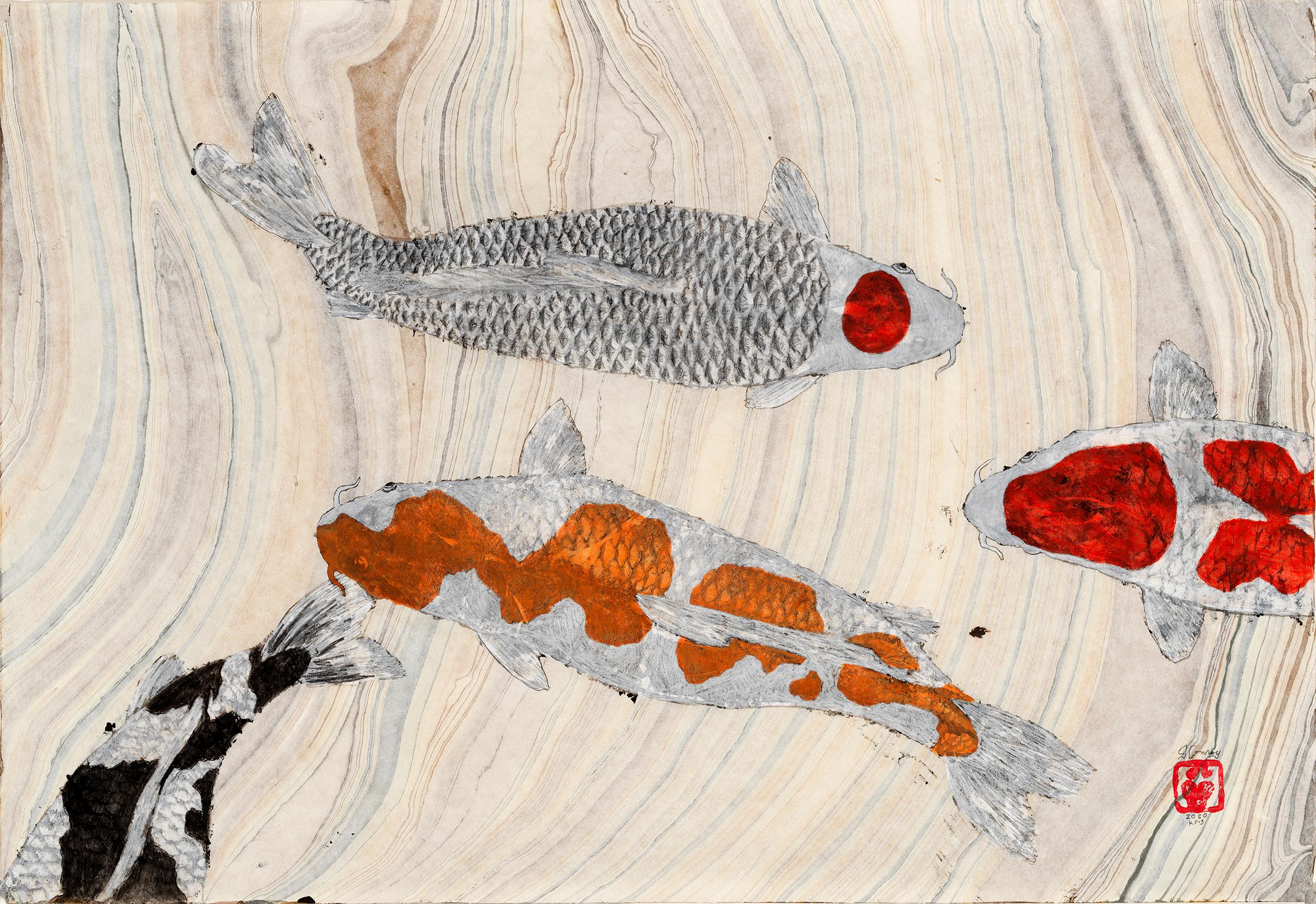 Jeff Conroy Animal Art - Koi Pond: The Arrival - Japanese Style Gyotaku Painting, Marbled Mulberry Paper