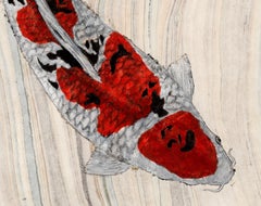 Koi Pond Yin and Yang -Japanese Style Gyotaku Painting on Marbled Mulberry Paper
