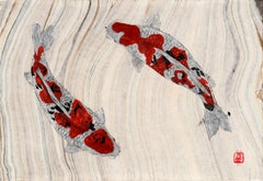 Étang de Koi Yin et Yang - Peinture Gyotaku de style japonais sur papier mûrier marbré