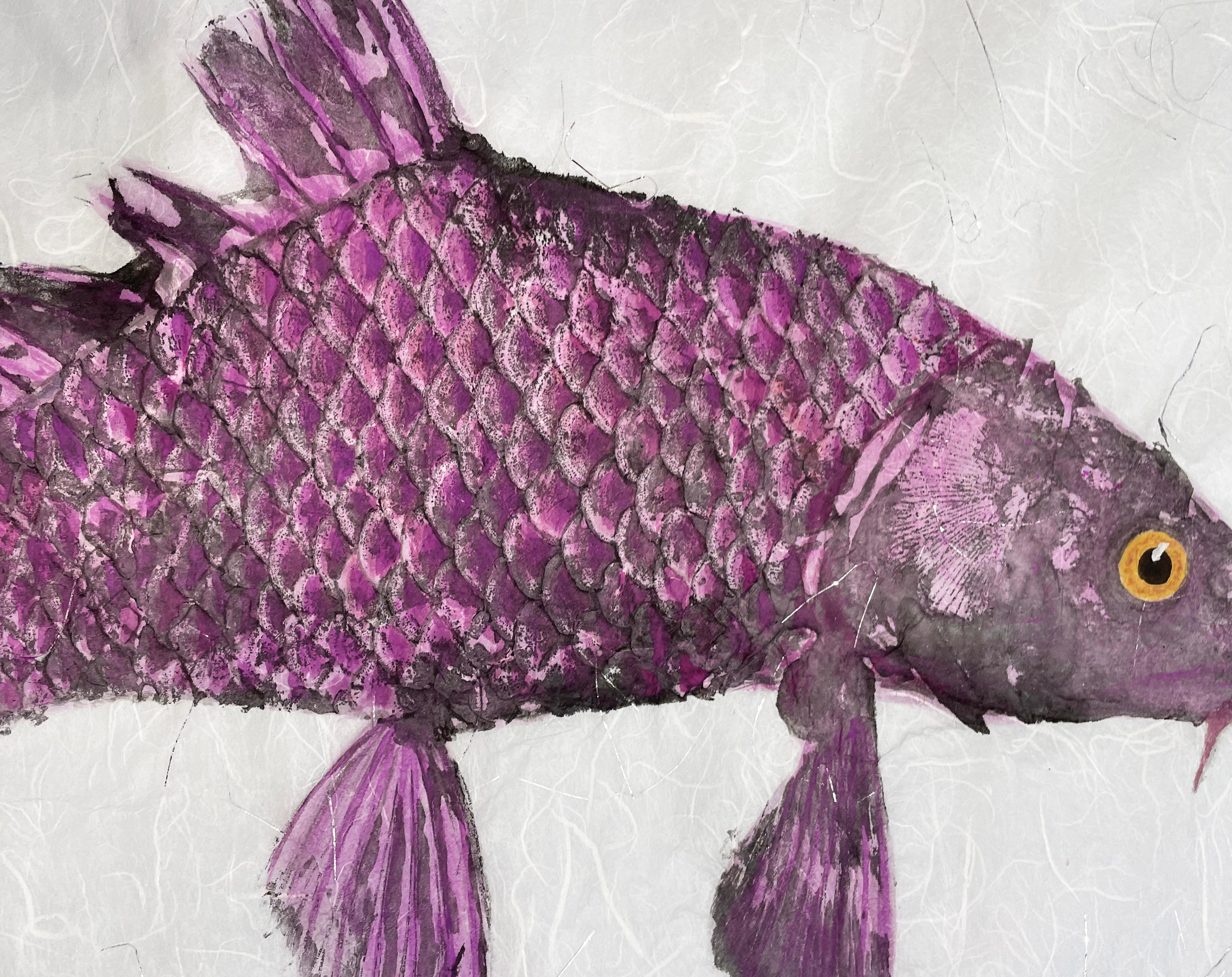 Plum Crooked Carp - Japanese Style Gyotaku Painting of Fish on Mulberry Paper - Gray Animal Painting by Jeff Conroy