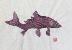 Plum Crooked Teppich – japanisches Gyotaku-Gemälde eines Fisches auf Maulbeerpapier