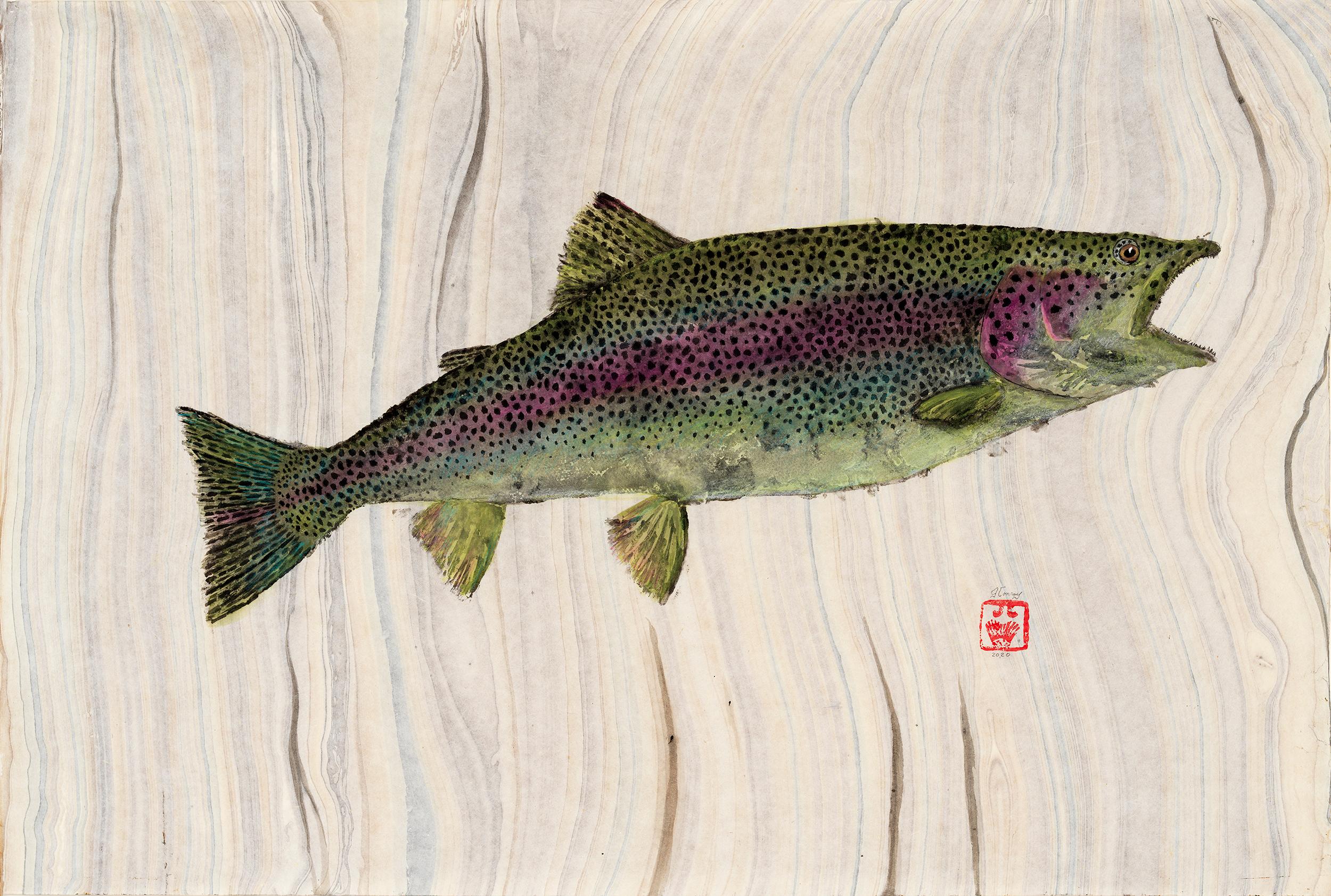 Jeff Conroy Animal Painting - Rainbow, Japanese Style Gyotaku Fish Painting of a Trout, on Mulberry Paper