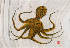 Reclining Nude Blue Ring  - Octopus in Gyotaku Style, Japanese Sumi Ink Painting