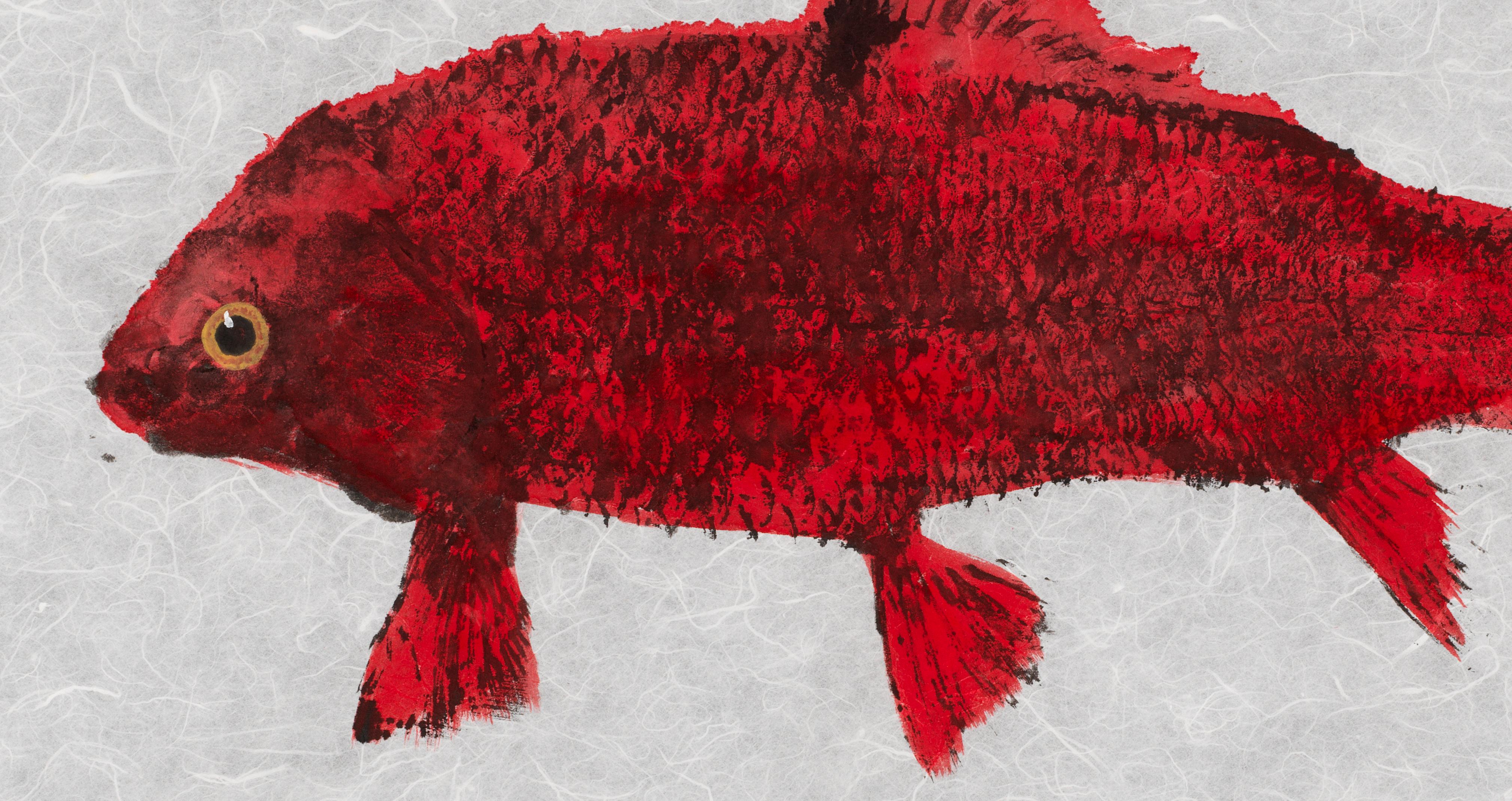Red Fish Blue Fish - Japanese Style Gyotaku Double Fish Painting in Red and Blue - Art by Jeff Conroy
