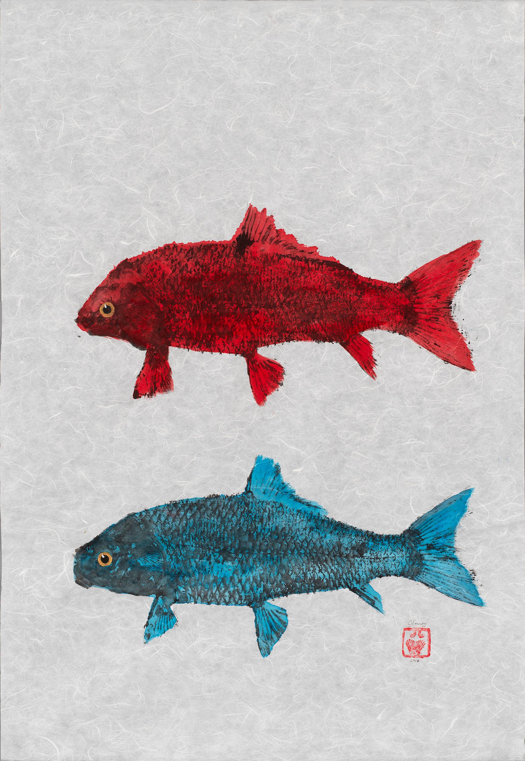 Jeff Conroy Animal Art - Red Fish Blue Fish - Japanese Style Gyotaku Double Fish Painting in Red and Blue