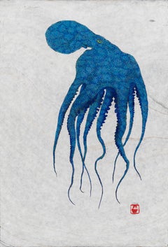 Ascending Blue - Gyotaku Style Japanese Sumi Ink Painting of Large Blue Octopus