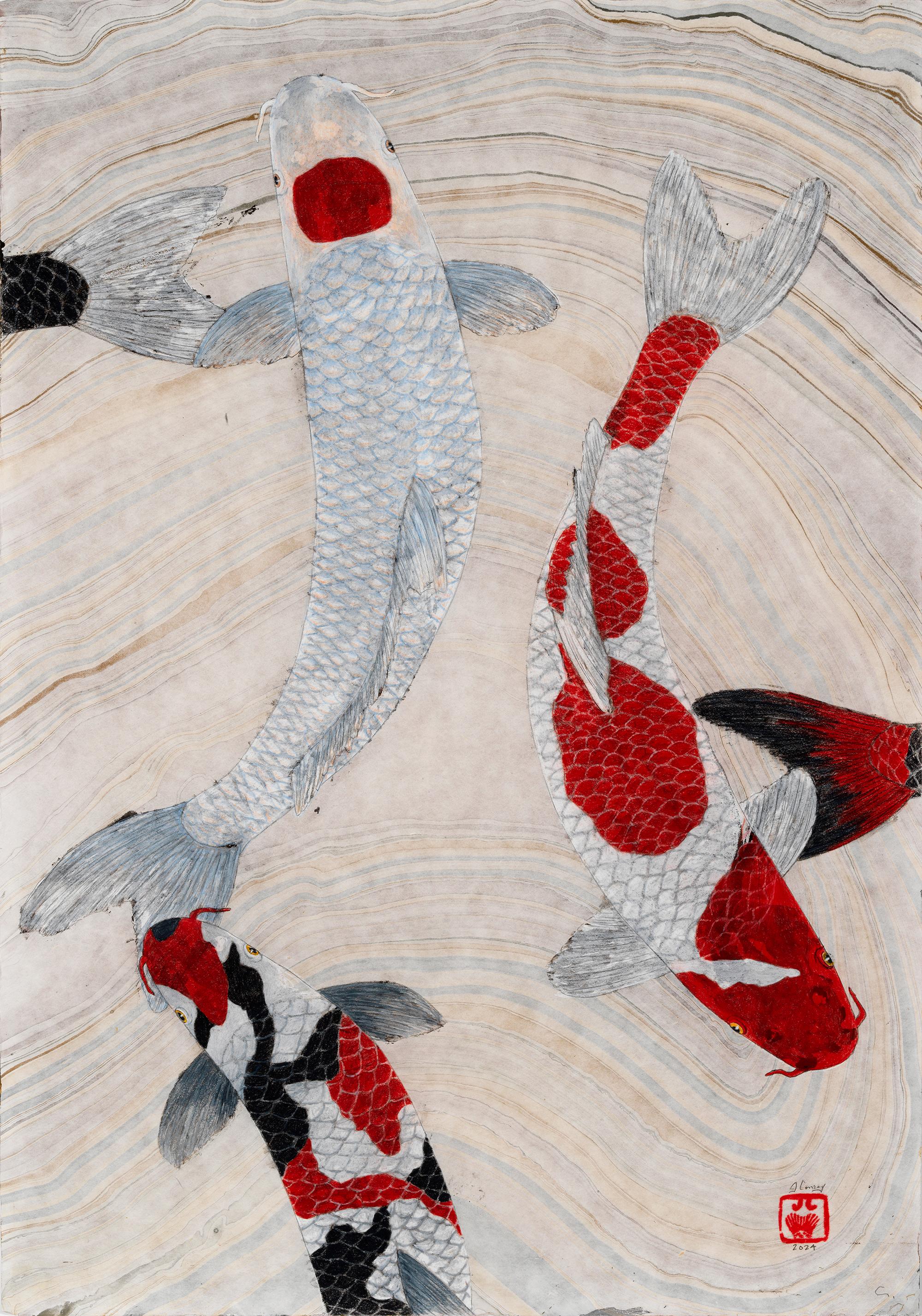 Reunión - Pintura Gyotaku de estilo japonés de Koi sobre papel de morera jaspeado - Painting de Jeff Conroy