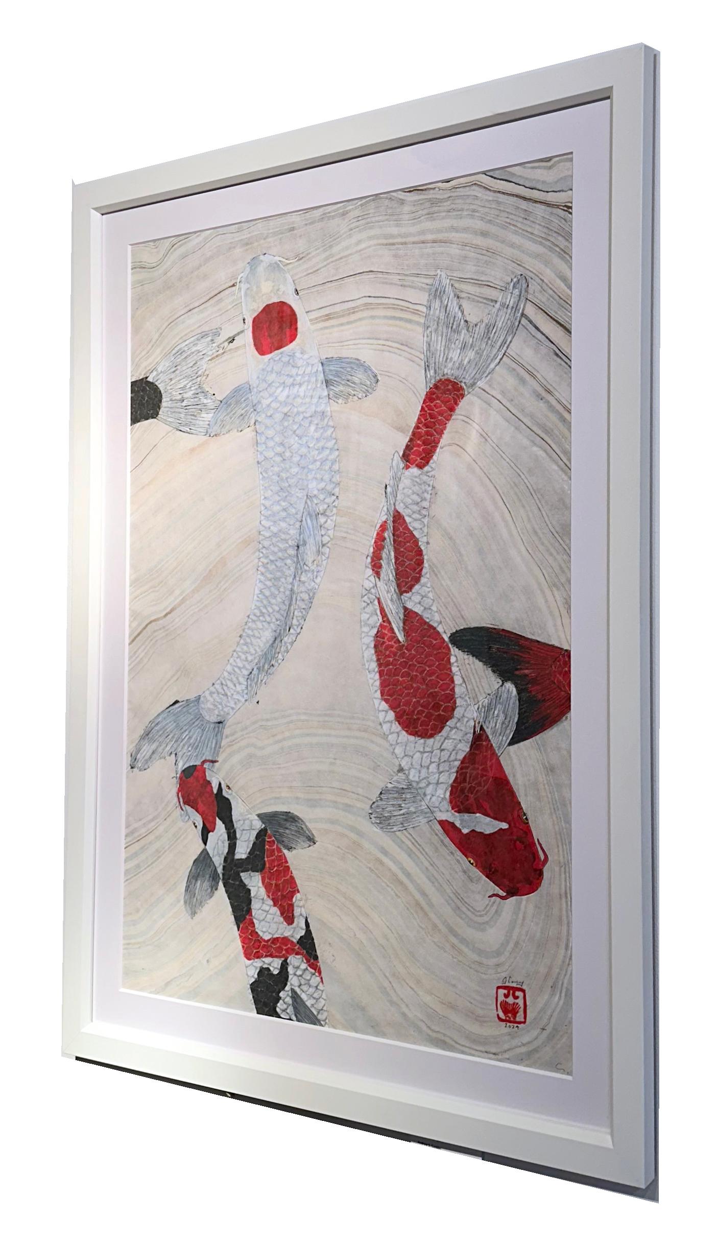 Reunión - Pintura Gyotaku de estilo japonés de Koi sobre papel de morera jaspeado en venta 1