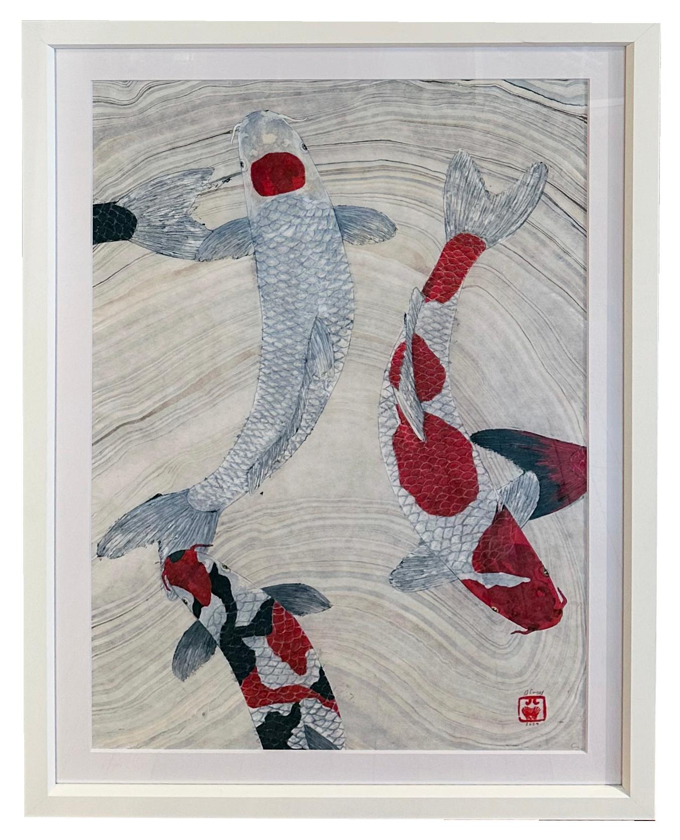 Jeff Conroy Reunion Peinture Gyotaku de Koi sur papier Mulberry