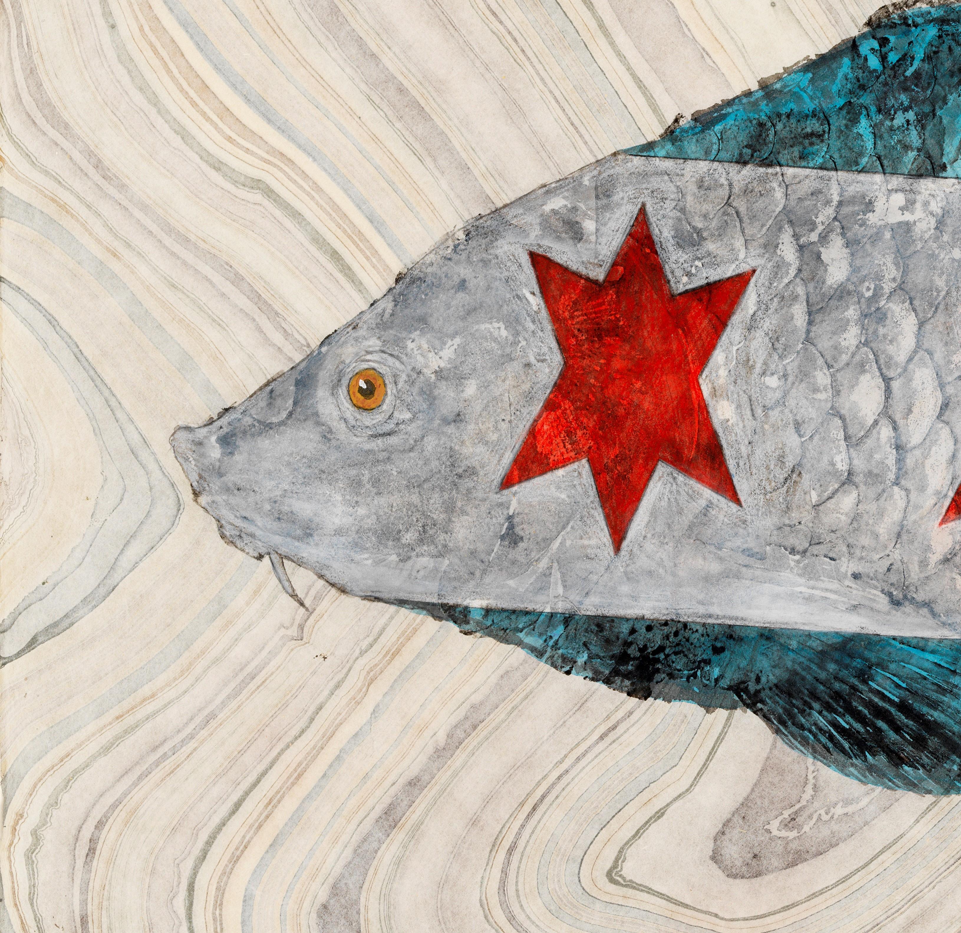 Sweet Home, Japanese Style Gyotaku Fish Painting on Mulberry Paper, Chicago Flag - Art by Jeff Conroy