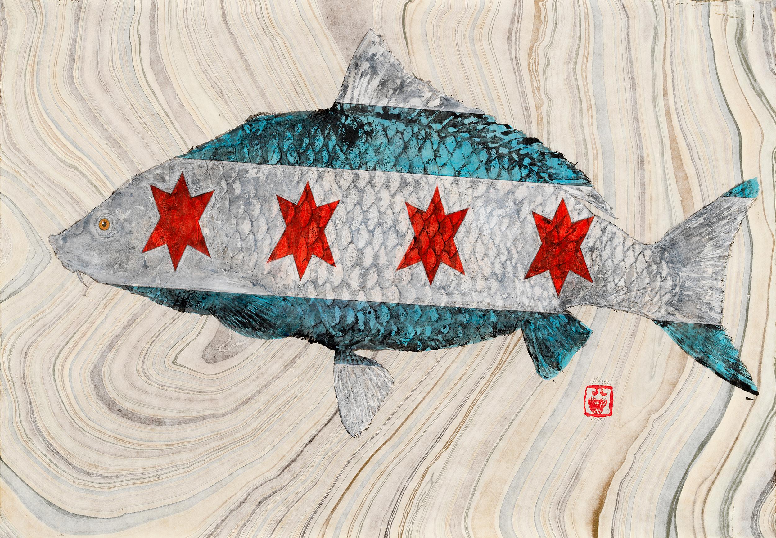 Jeff Conroy Animal Art - Sweet Home, Japanese Style Gyotaku Fish Painting on Mulberry Paper, Chicago Flag