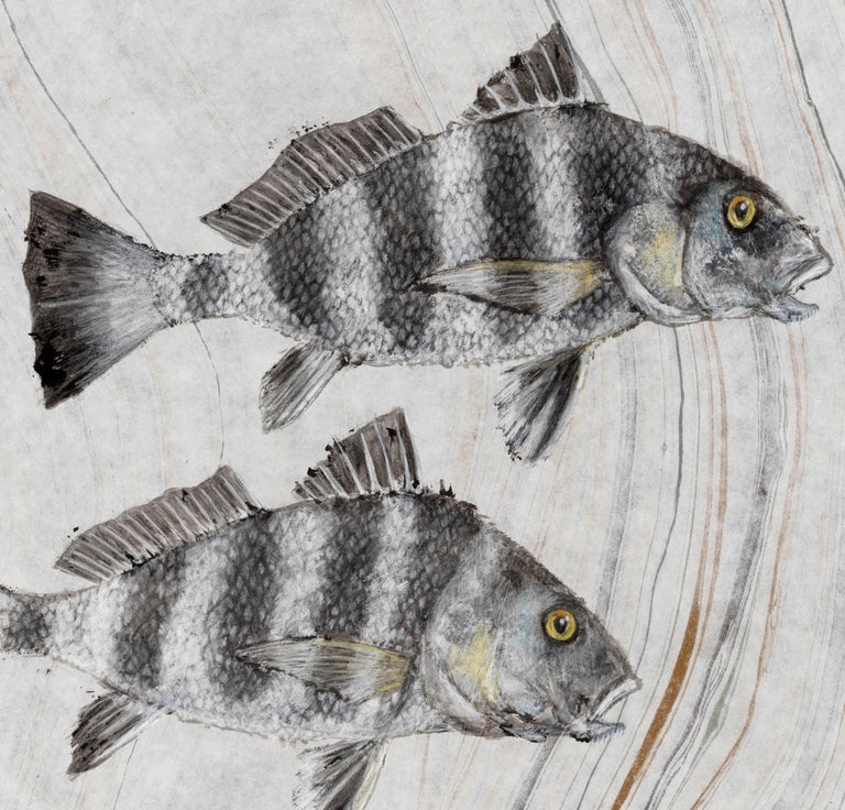 Two Black Drums - Japanese Style Gyotaku Painting on Mulberry Paper of Two Fish - Gray Animal Painting by Jeff Conroy