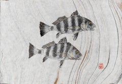 Deux tambours noirs - Peinture Gyotaku de style japonais sur papier Mulberry représentant deux poissons