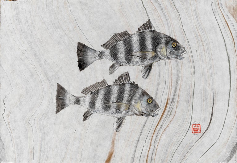 Jeff Conroy Animal Painting - Two Black Drums - Japanese Style Gyotaku Painting on Mulberry Paper of Two Fish