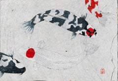 Two Tanchos - Japanese Gyotaku Painting of Koi on Marbled Mulberry Paper