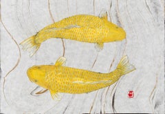 Yamabuki Ogon - Peinture japonaise de koï en gyotaku sur papier mûre marbré