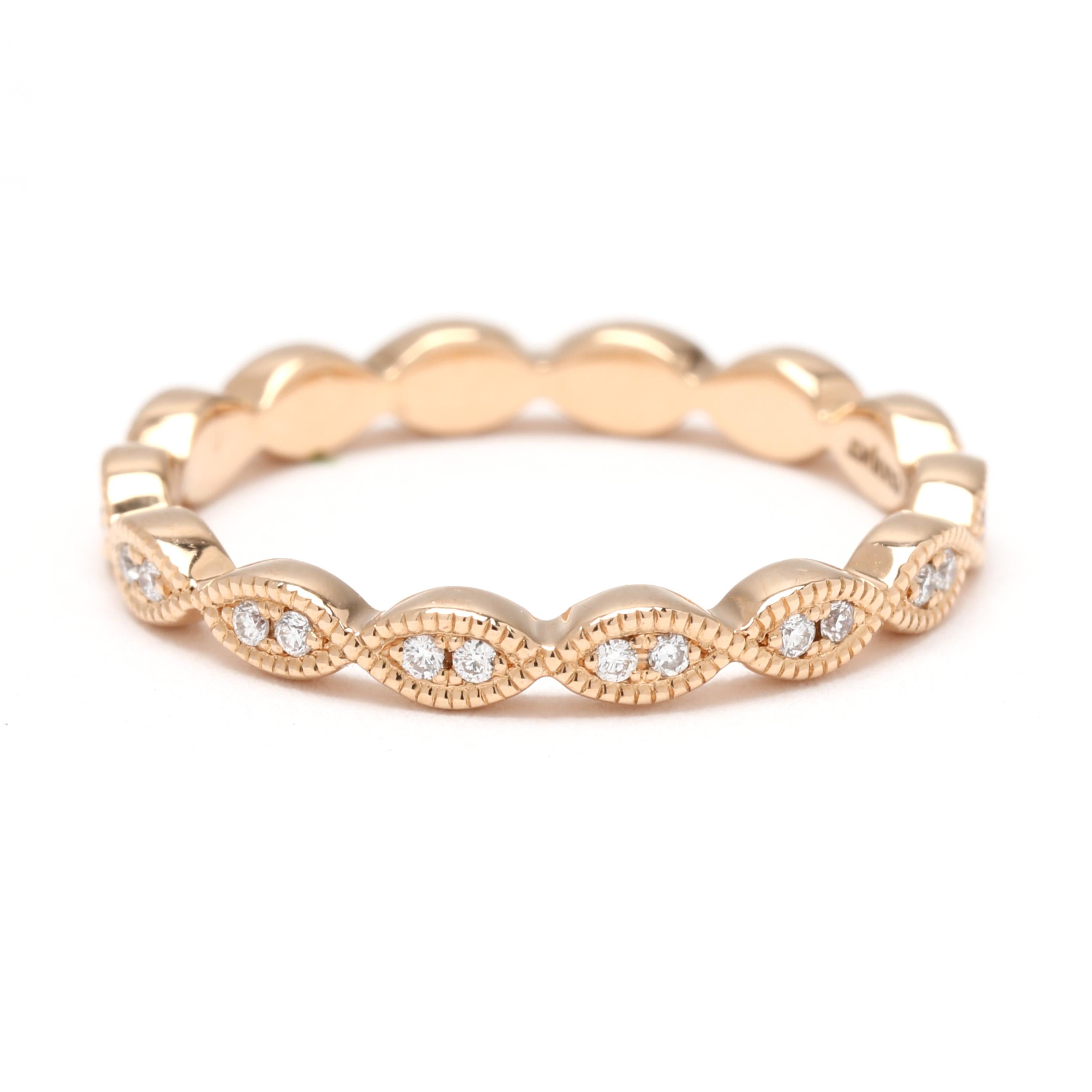 Stones:
diamonds, 28 stones
round brilliant
.90 mm
approximately .12 total carats
F-G color, VS clarity

Ring Size 4

Width: 2.3 mm

Weight: 1.2 dwts. / 1.9 grams

A Couple Of Things to Note:
* This is a vintage item and may show signs of wear. It