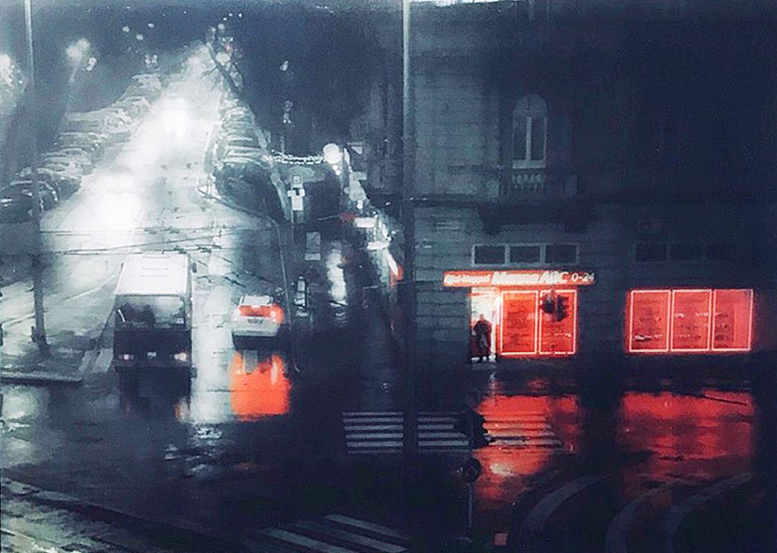 Night Rain - City Street by Night / Urban Scene in Sculptural Glass