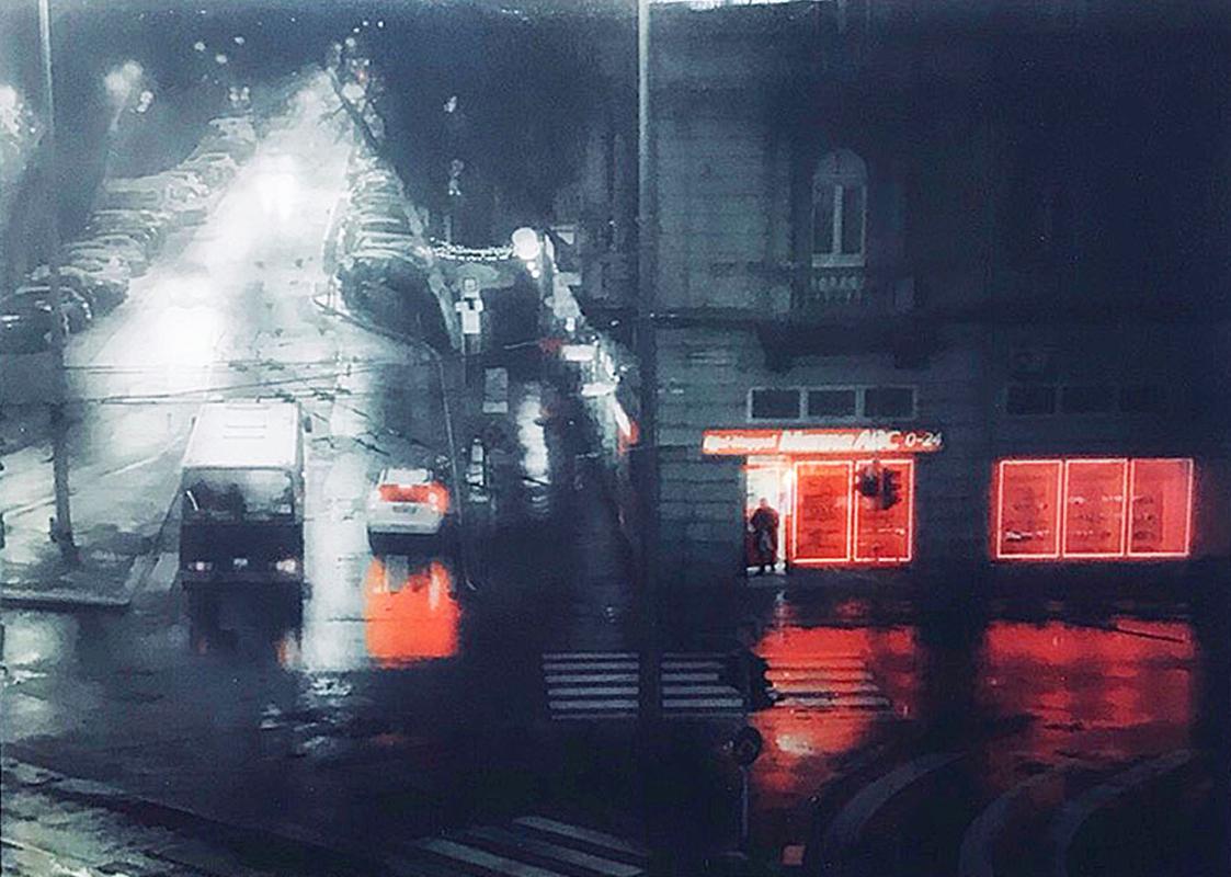 Still-Life Sculpture de Jeff Cunningham - Lluvia nocturna - Calle nocturna / Escena urbana en vidrio escultórico