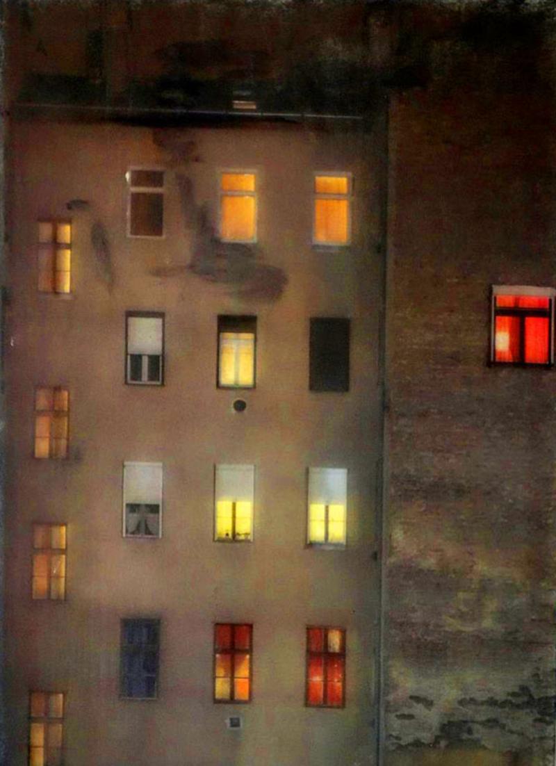 Jeff Cunningham Still-Life Sculpture - Windows in the East - City Building by Night / Urban Scene in Sculptural Glass