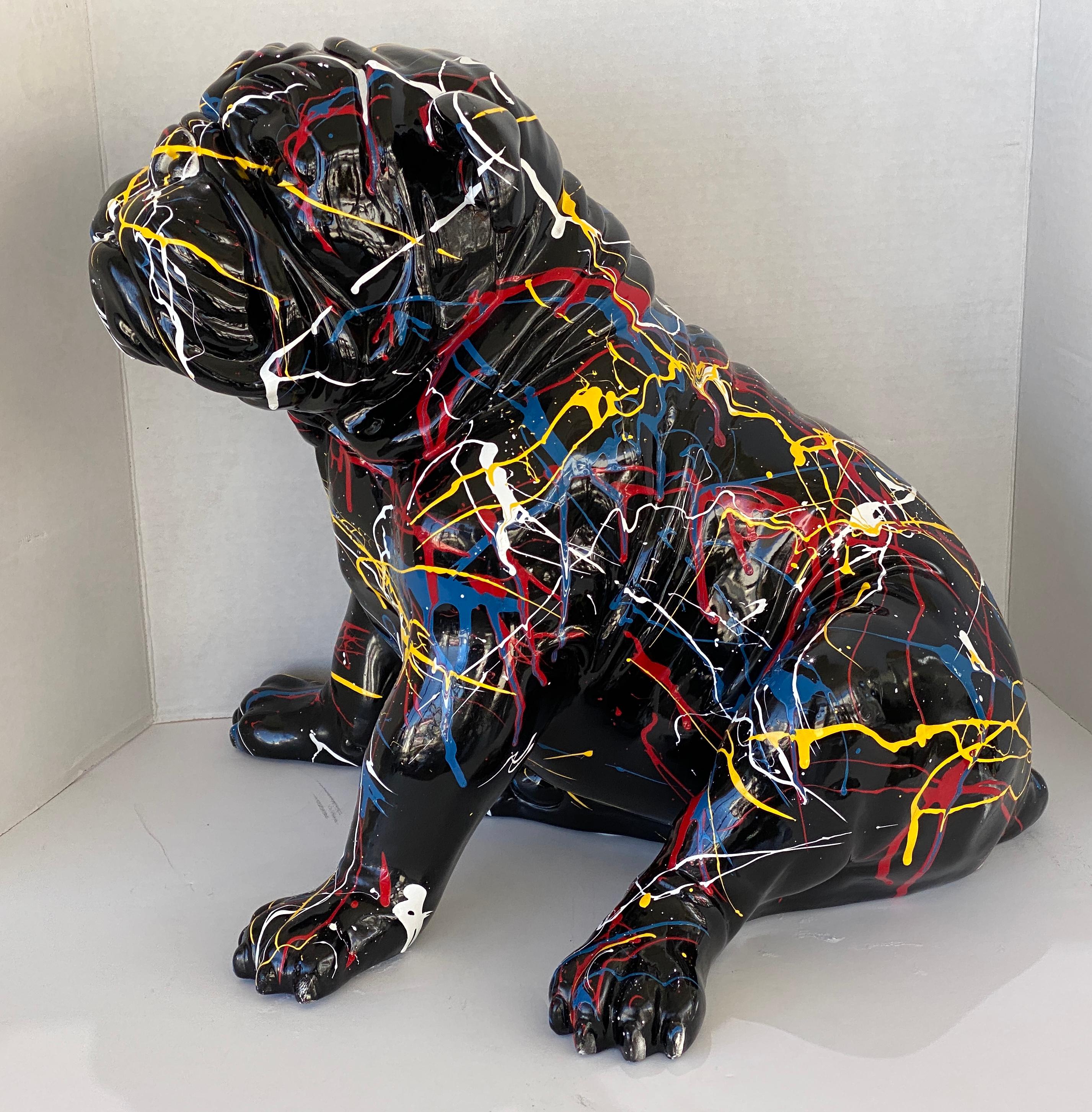 This stylish, chic and charming sculpture of a bulldog was created by the American artist Jeff Diamond, and the piece is fabricated in resin with a hand-painted, multi-colored drip pattern.

Note: Signed by the artist on the verso.