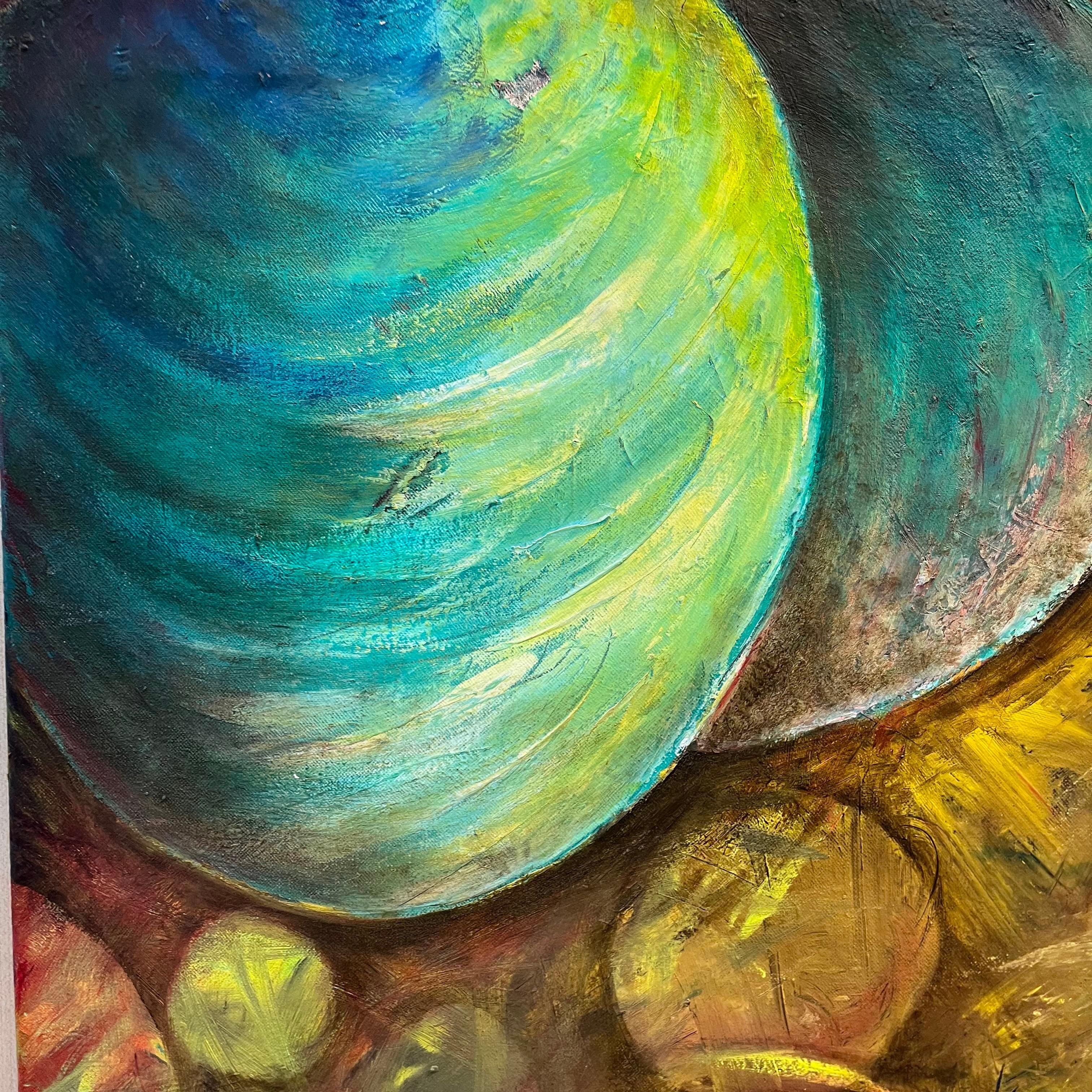 Green balls on yellow brown - Abstract Painting by Jeff Engberg