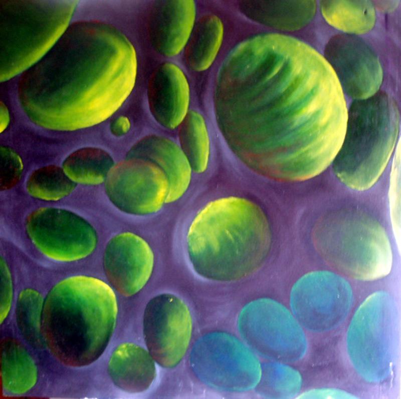 Figurative Painting Jeff Engberg - Atmosphère violette avec des ballons verts