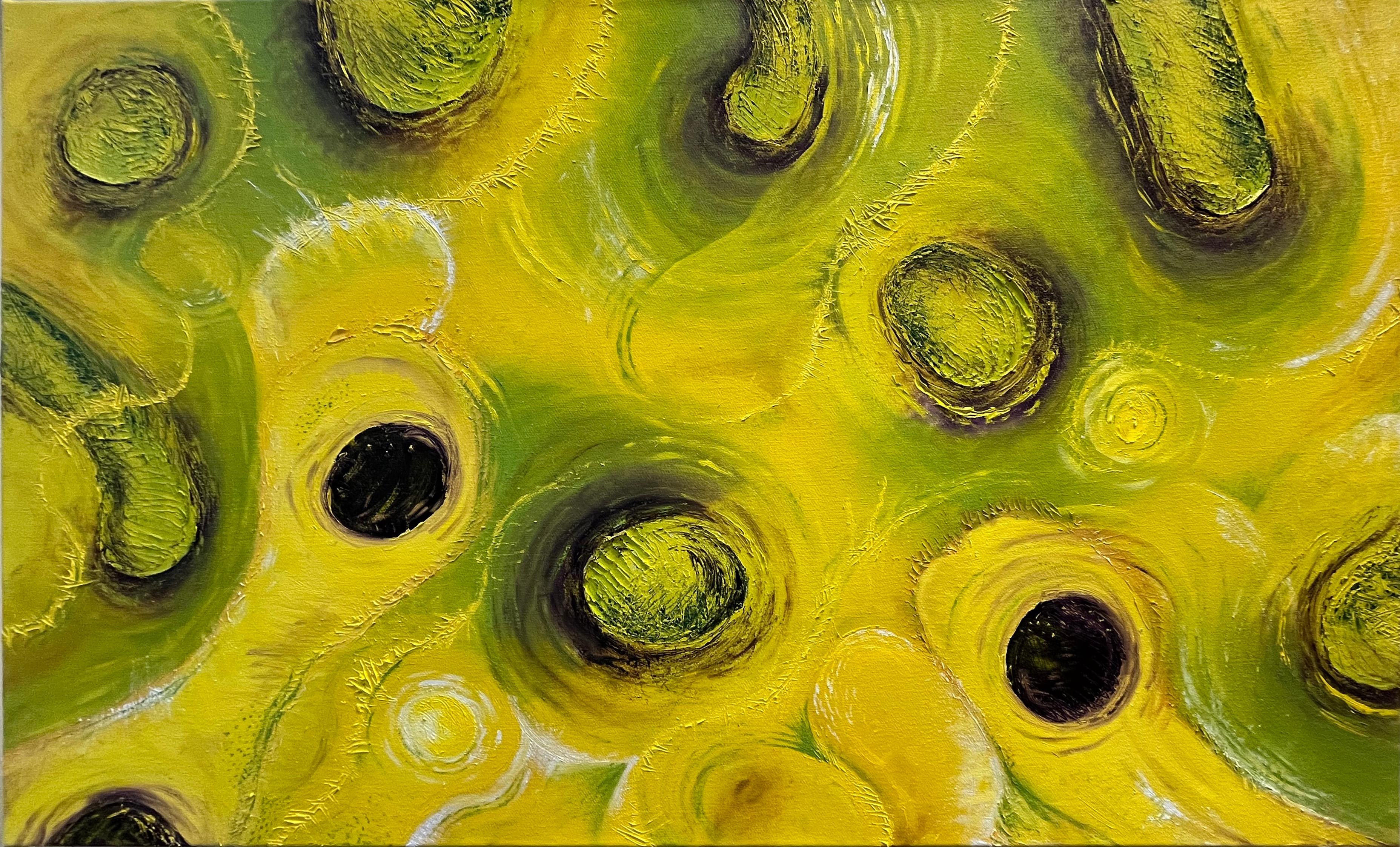 Jeff Engberg Figurative Painting – Gelbe grüne violette Kugeln 1