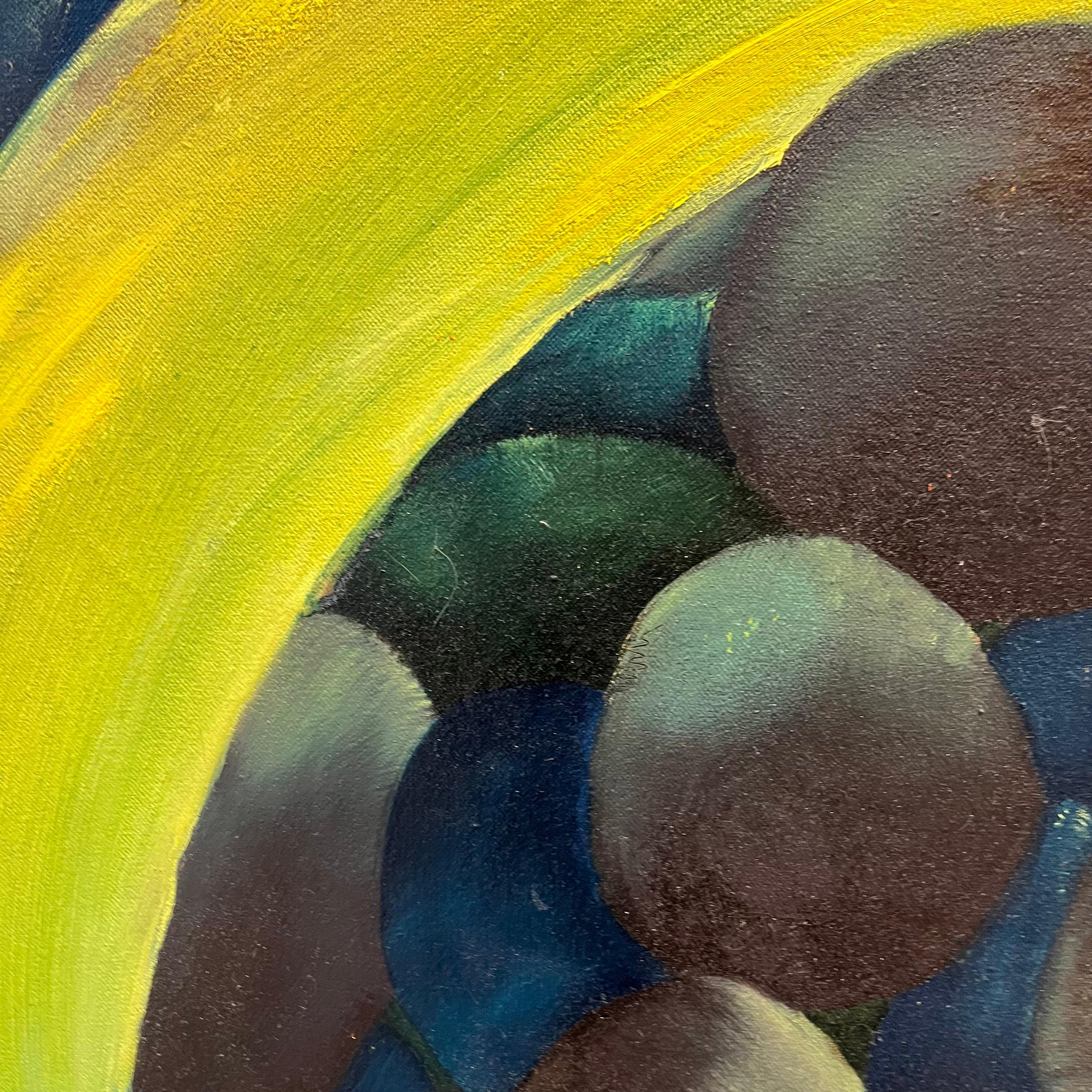 Yellow swirl with balls - Abstract Painting by Jeff Engberg