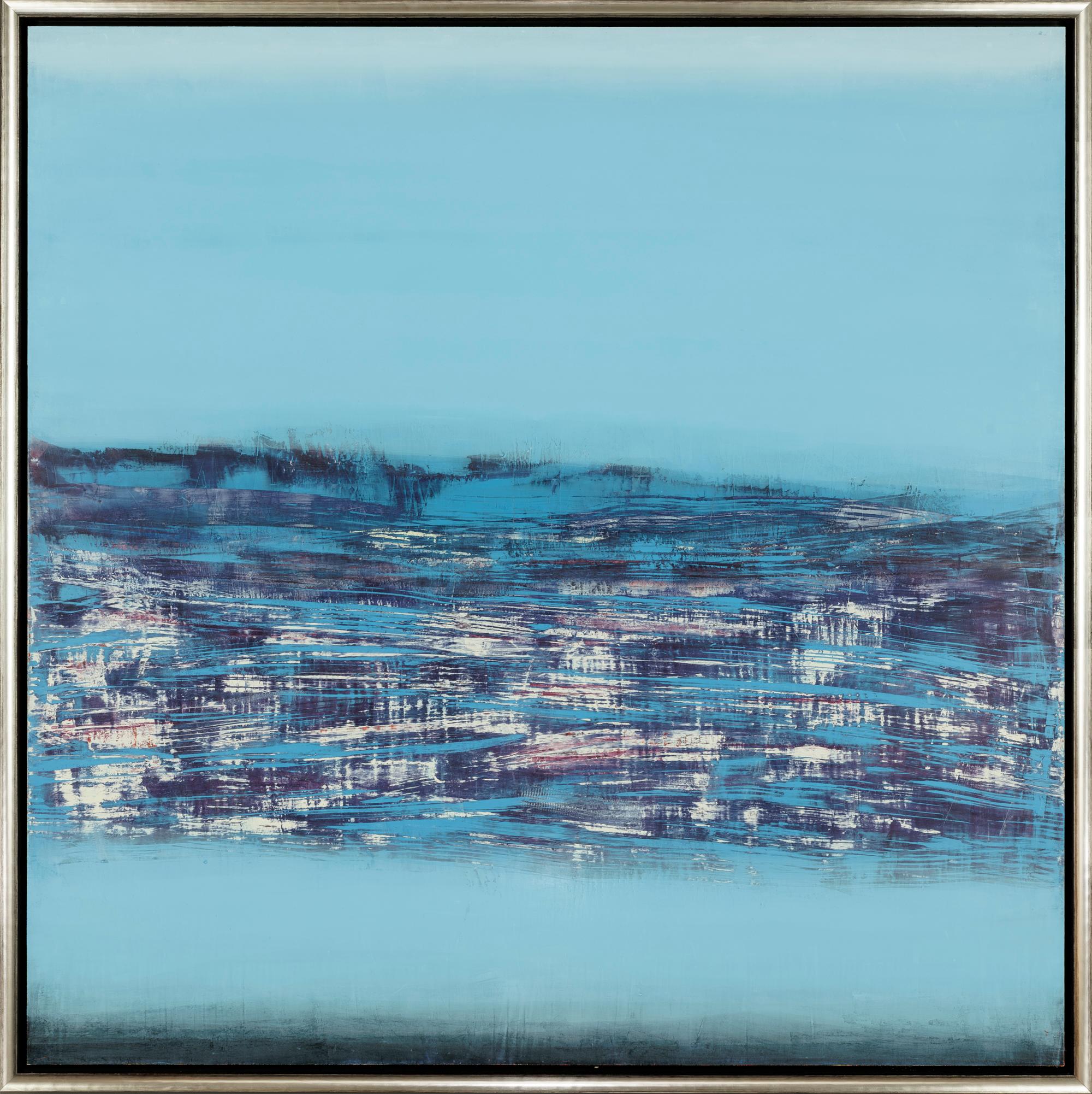 "Kind of Blue" is a framed oil and wax work on panel by Jeff Erickson, with an abstract composition of cerulean and electric blues interrupted by expressive strokes of violet, indigo, and white. Erickson's process of using wax encaustic creates