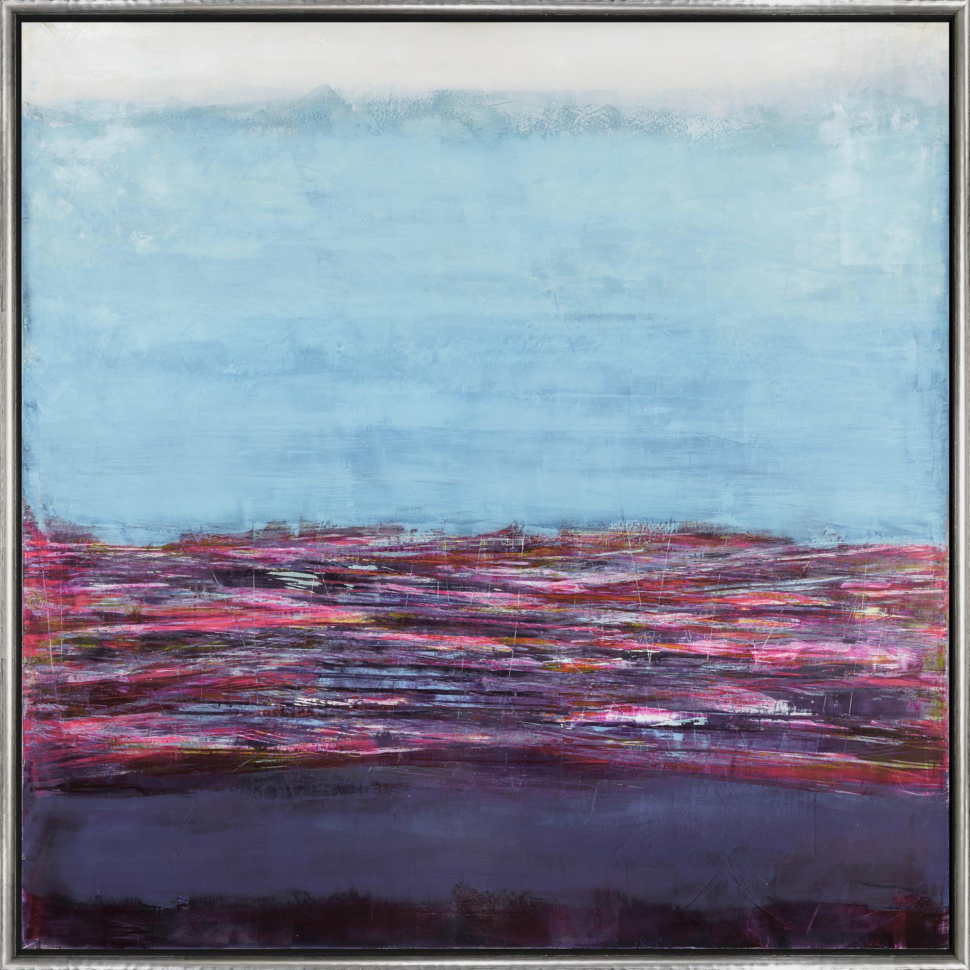 "Prizm Light" is a framed oil and wax work on panel by Jeff Erickson, with an abstract composition of plum purple and sky blue interrupted by strokes of magenta, deep red, and white. Erickson's process of using wax encaustic creates pieces that seem