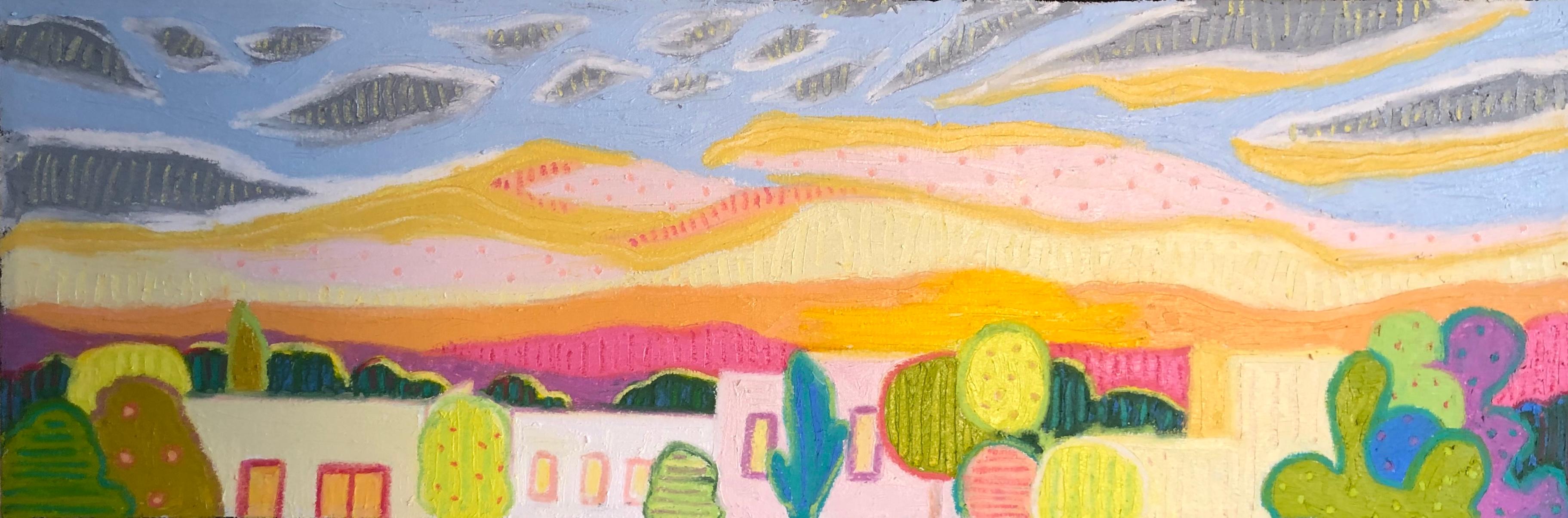 As the Sun Sets 
30.0 x 10.0 x 1.5, 10.0 lbs 
Oil Paint
Hand signed by artist 

Artist's Commentary: 
"San Miguel de Allende in Mexico is a wonderful and magical city. Its colonial buildings, year round gardens in bloom and beautiful campo all