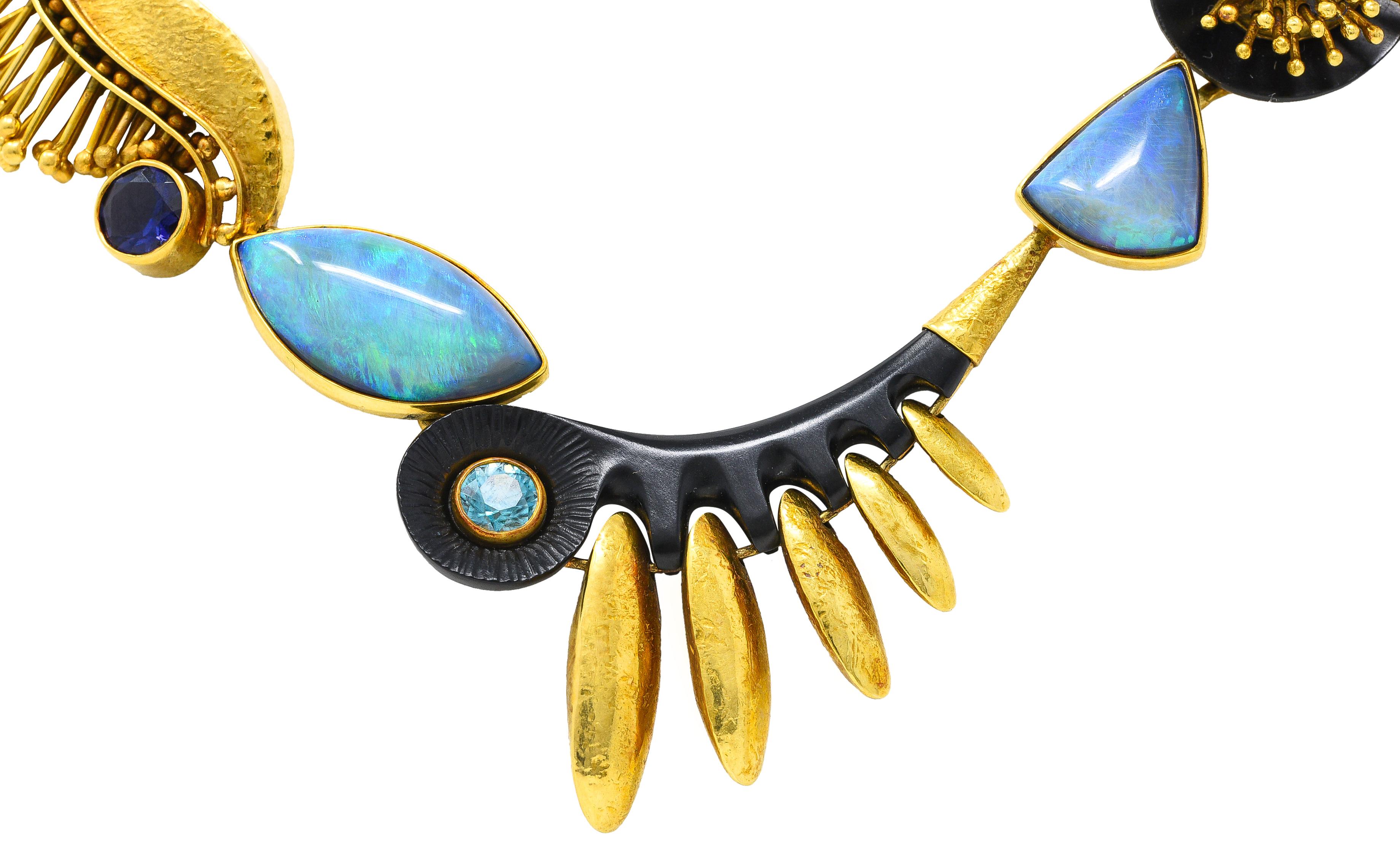 Jeff Glode Wise Opal Sapphire Tourmaline Peridot Ebony 18 Karat Yellow Necklace 4