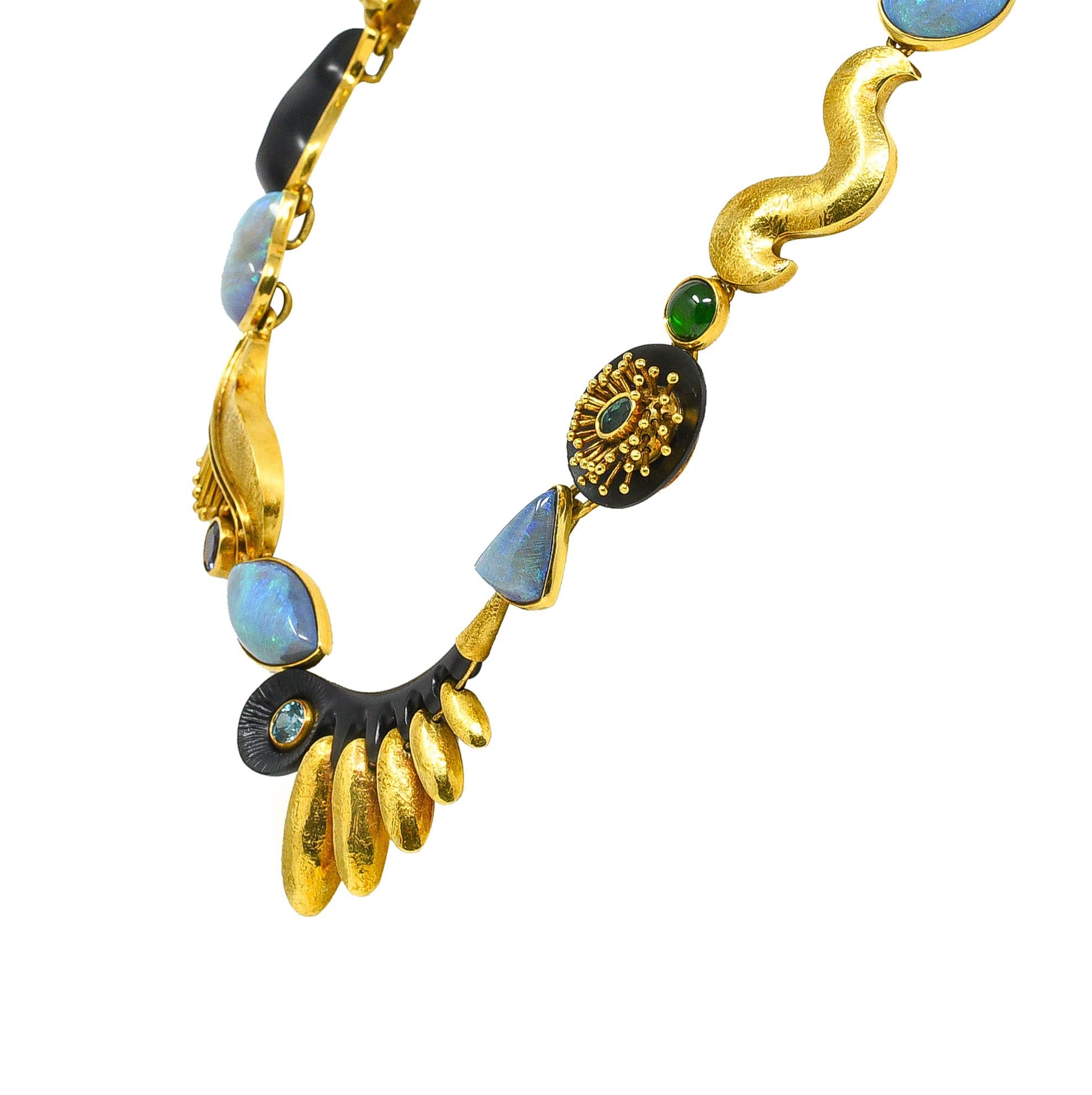 Jeff Glode Wise Opal Sapphire Tourmaline Peridot Ebony 18 Karat Yellow Necklace In Excellent Condition In Philadelphia, PA