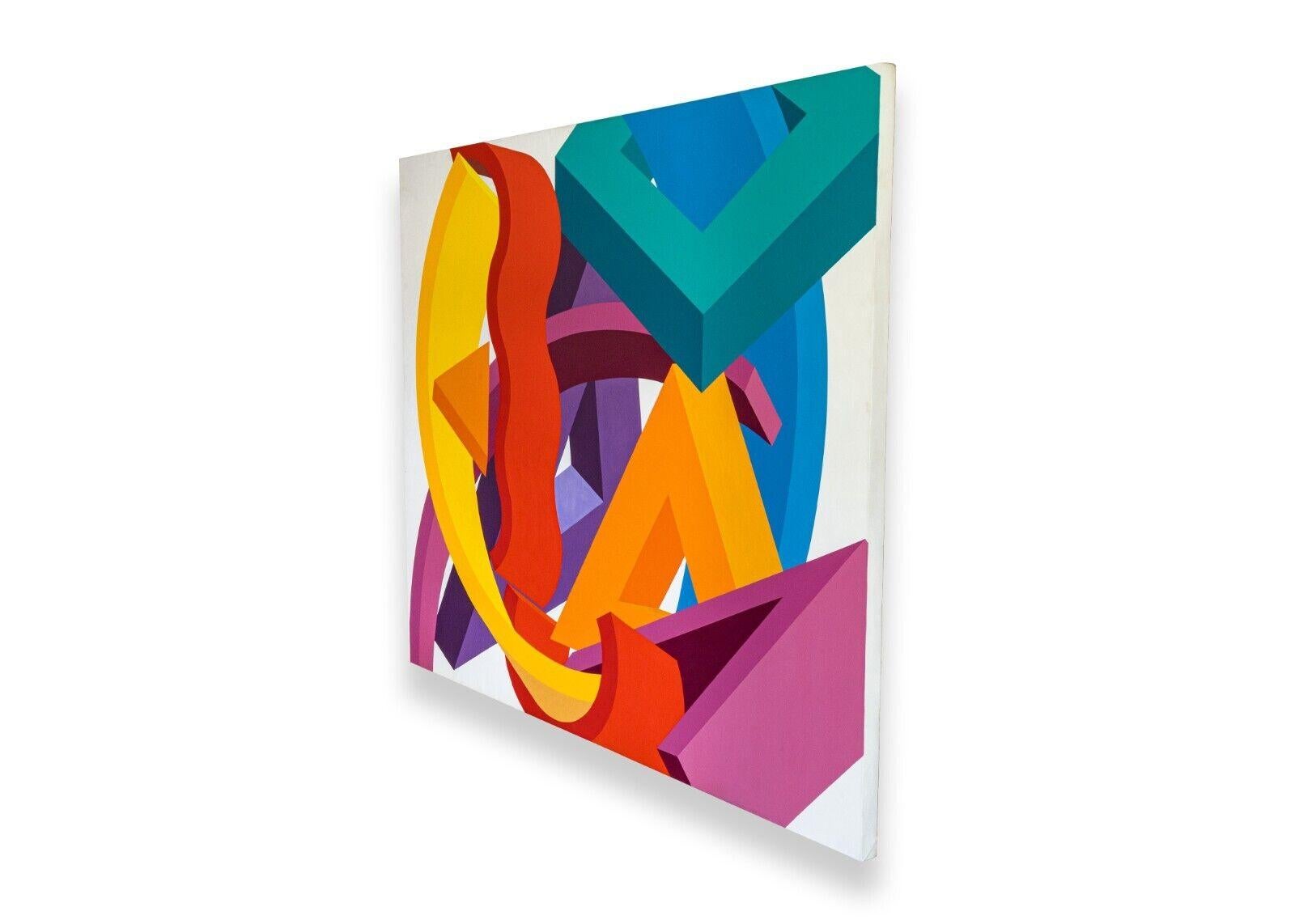 A bold modern abstract acrylic painting on canvas by Jeff Kalban. Signed and dated 1996 on verso. A monumental painting with bright geometric forms and shapes. Per Kalban, 