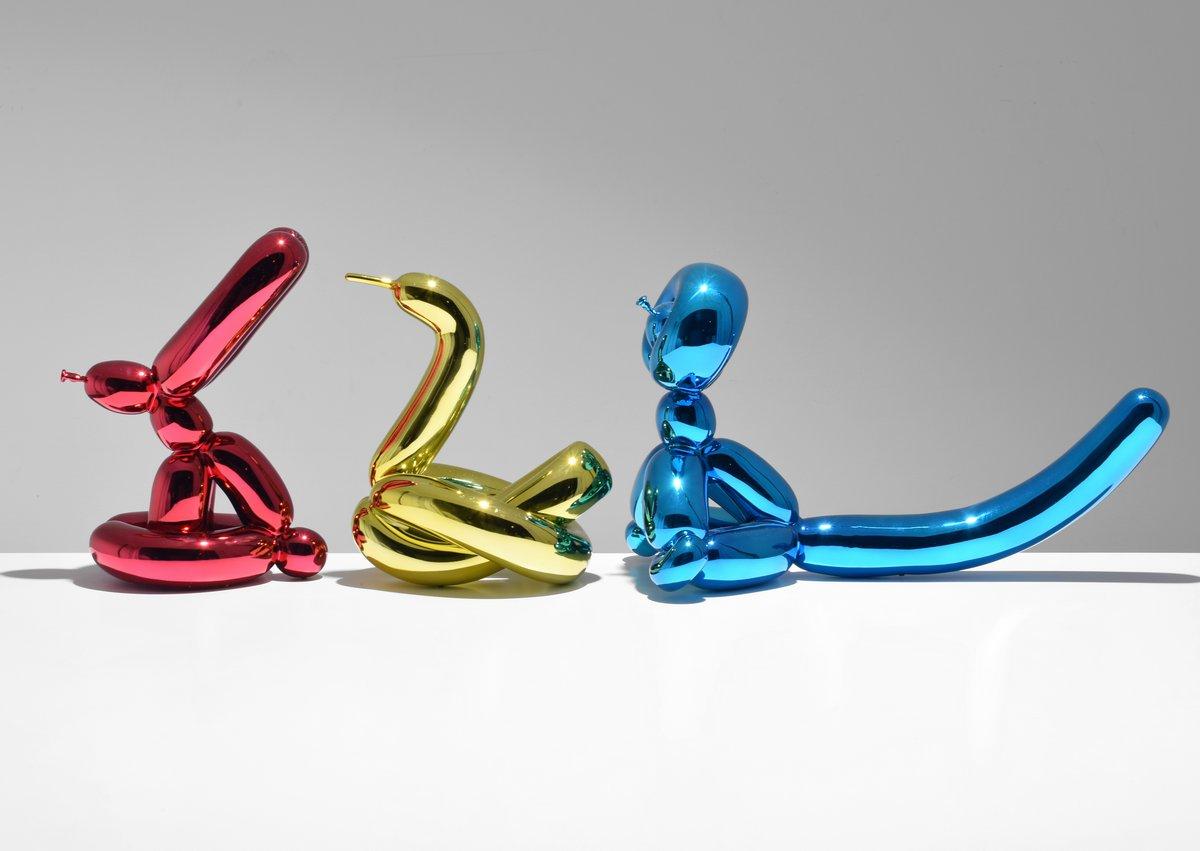 Balloon Rabbit/Monkey/Swan sculptures by Jeff Koons (American, b. 1955) for Bernardaud. Sculptures are from the Celebration series, fully titled Balloon Swan (Yellow), Balloon Rabbit (Red), and Balloon Monkey (Blue). Each includes the original