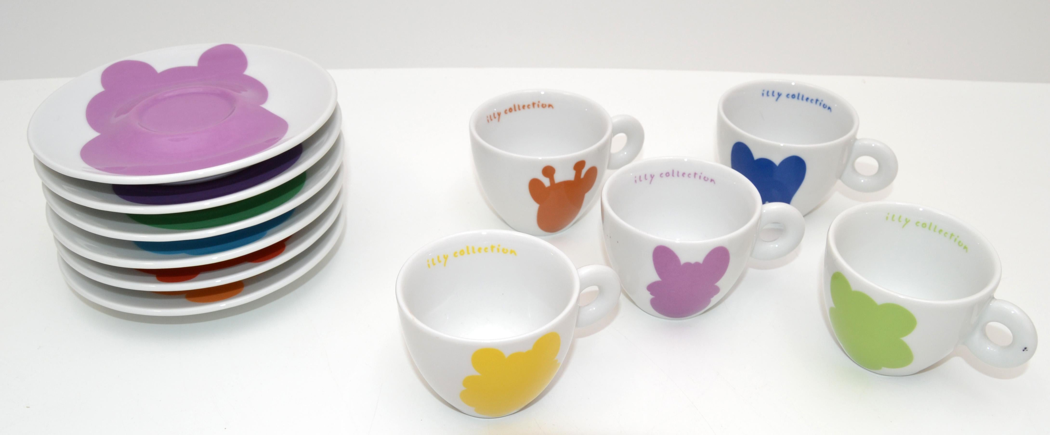 Modern Pop Art Illy Collection Espresso Service for five place setting designed by Jeff Koons made in Germany 2001 by Rosenthal.
5 signed, numbered cappuccino cups with Jeff Koons-signed decorated Rosenthal brand porcelain and 6 saucers.
Jeff Koons