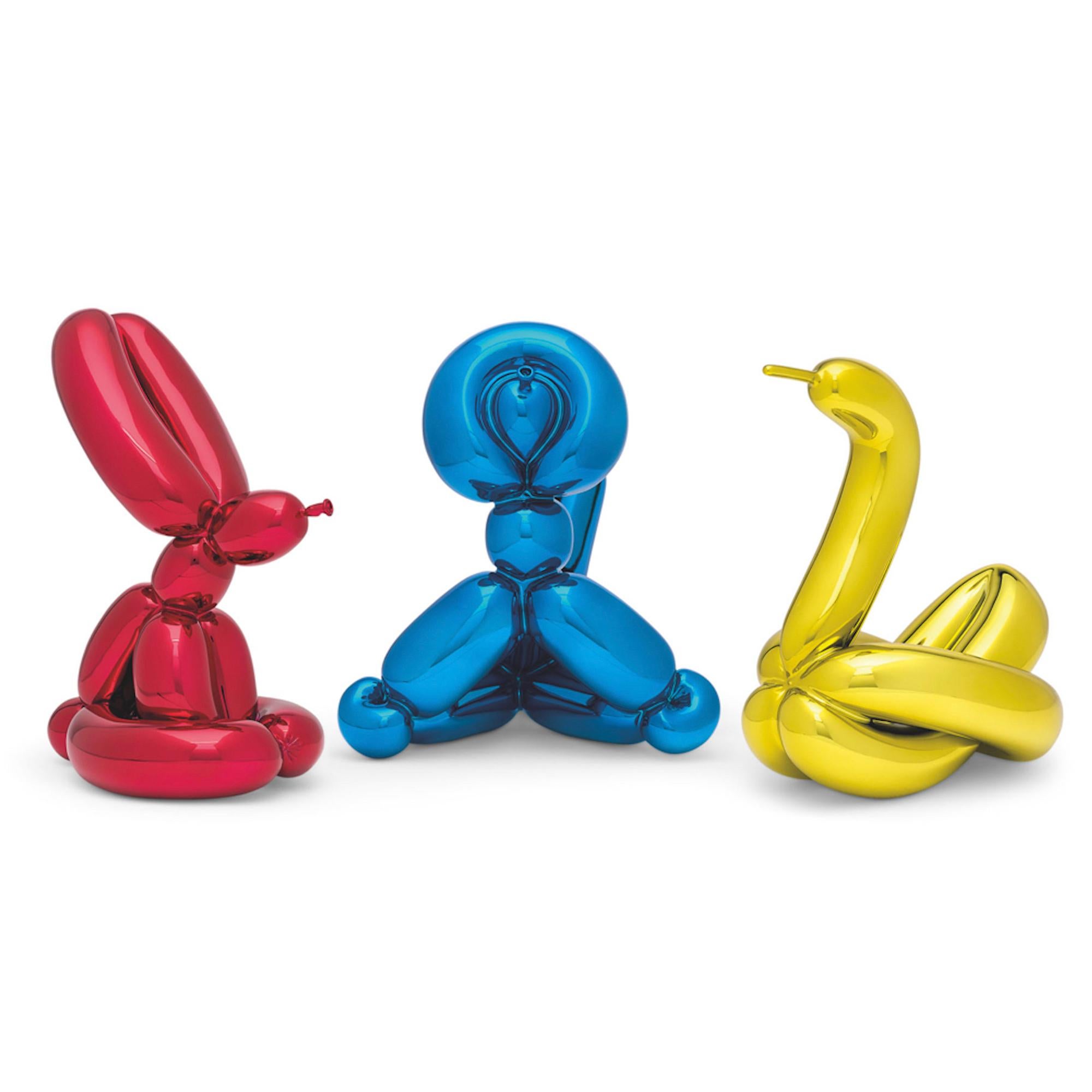 JEFF KOONS (1955-Present)

Yellow Swan, Blue Monkey and Red Rabbit stamped with the signature Jeff Koons, title, date '17 from the edition of 999. Porcelain with high-gloss glazing, in 3 parts.

Balloon Rabbit: 9½ by 7 by 8 in. 
Balloon Monkey: 10