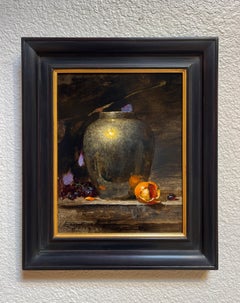 "Citrus and Brass",  Still Life Oil Painting featuring a Brass Jar and Orange