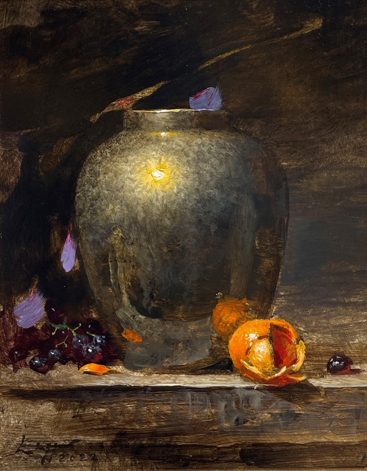 Jeff Legg Interior Painting - "Citrus and Brass",  Still Life Oil Painting featuring a Brass Jar and Orange