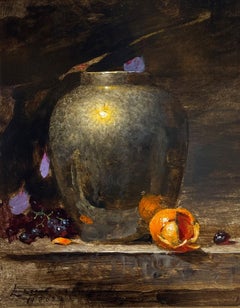 "Agrumes et laiton",  Nature morte à l'huile avec jarre en laiton et orange