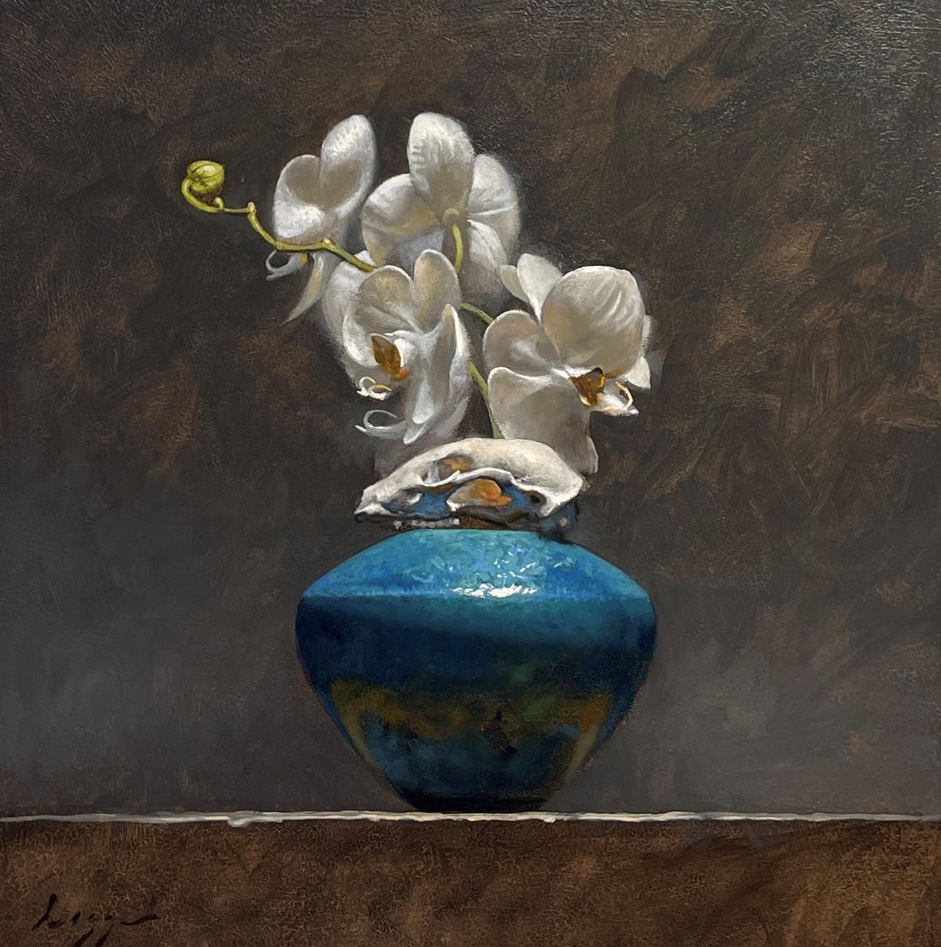 Jeff Legg Still-Life Painting - "Orchid with Blue", Oil Painting